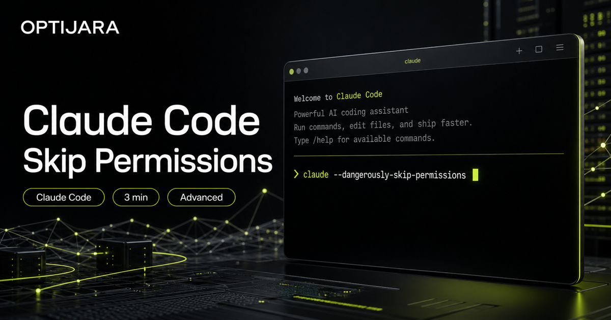 Optijara tutorial image showing Claude Code dangerously skip permissions in a terminal